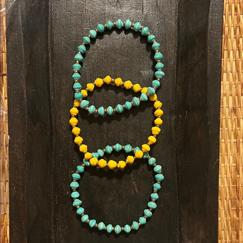 Turquoise and Yellow Paper Beaded Stretch Bracelets - Set of 3